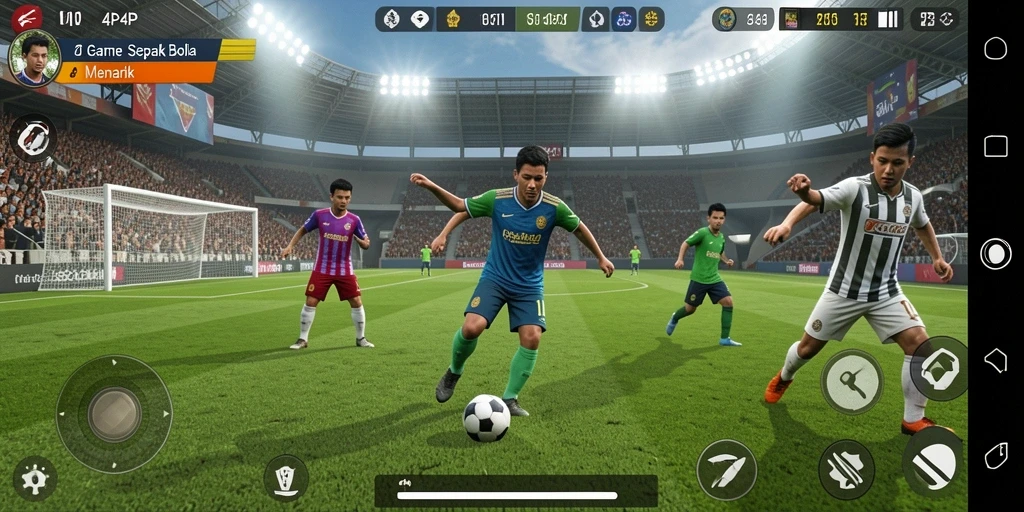 Screenshot gameplay 4P4P menampilkan pertandingan sepak bola yang dramatis.
