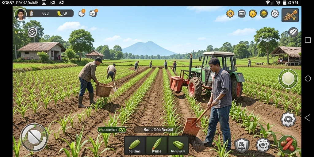 Tangkapan layar KO857 menampilkan aktivitas bertani yang seru dan realistis.