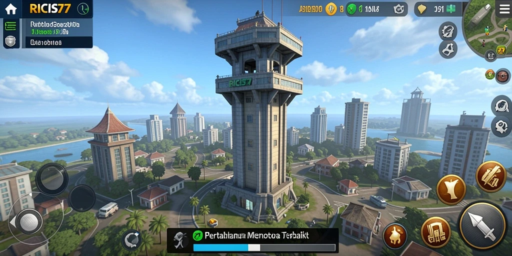 Tampilan gameplay RICIS77 dengan serangan menara yang mendebarkan.