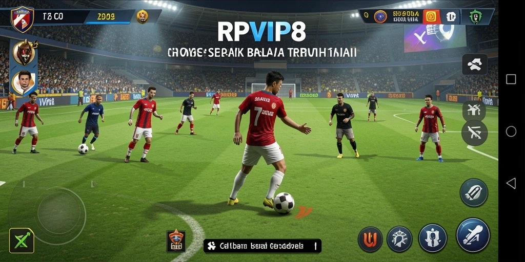Screenshot gameplay RPVIP8 menampilkan aksi pertandingan sepak bola yang seru.