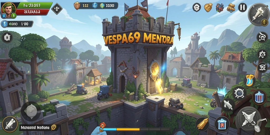 Tangkapan layar gameplay VESPA69 yang menunjukkan pertahanan menara yang strategis.