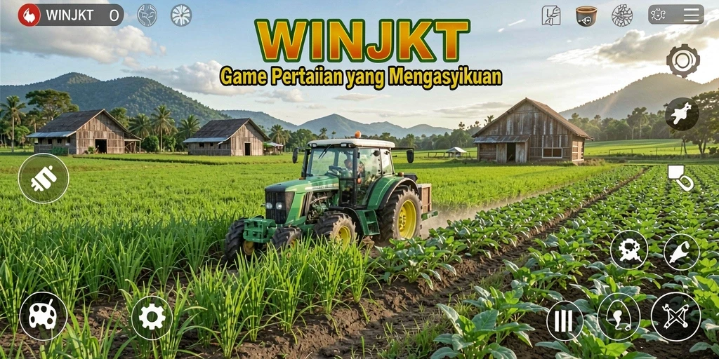 Screenshot gameplay WINJKT menampilkan suasana pertanian yang hidup dan penuh warna.