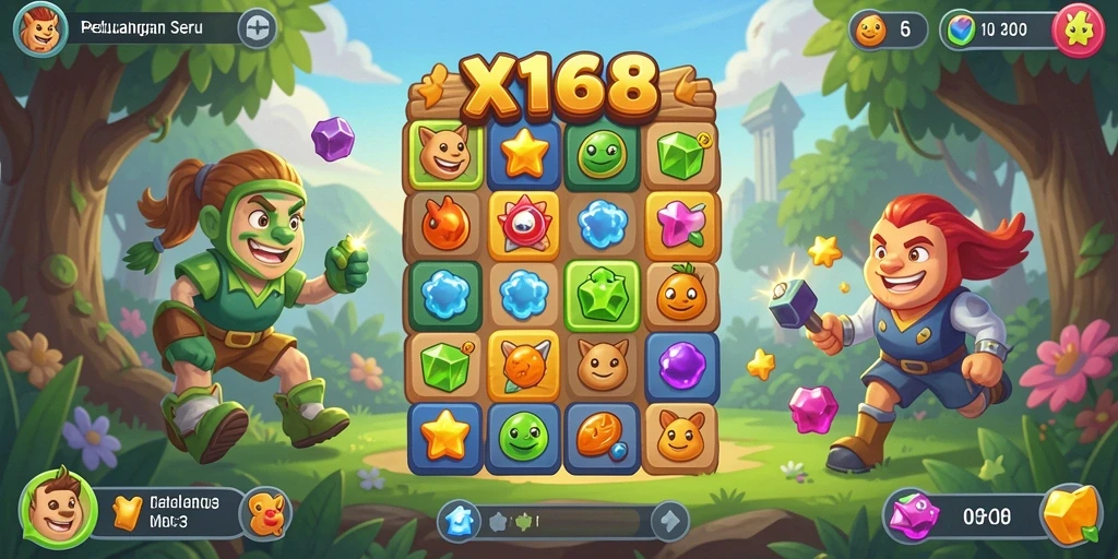 Tampilan gameplay Match-3 yang menarik dan penuh warna dari X168.